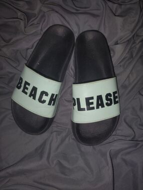 Victoria's Secret Black and Mint "Beach Please" Slide Sandals